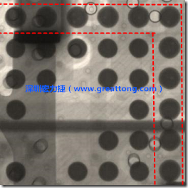 BGA錫球尺寸小于0.4mm，采用降低BGA內(nèi)圍襲球的錫膏量所得到X-Ray，稍微留意一下可以發(fā)現(xiàn)最外圈的錫量(圓的直徑)比其他內(nèi)圍的錫球上的錫量來得多一點點。也就是外圈的黑色圓形直徑比內(nèi)圈的圓形來得大一點點。