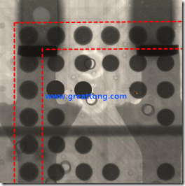 BGA錫球尺寸小于0.4mm，采用降低BGA內(nèi)圍襲球的錫膏量所得到X-Ray，稍微留意一下可以發(fā)現(xiàn)最外圈的錫量(圓的直徑)比其他內(nèi)圍的錫球上的錫量來得多一點點。也就是外圈的黑色圓形直徑比內(nèi)圈的圓形來得大一點點。