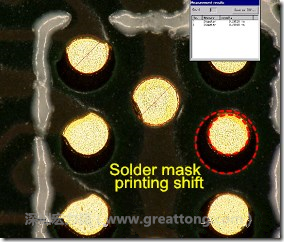 電路板BGA下面的防焊層印刷偏移，造成焊墊大小不一致。