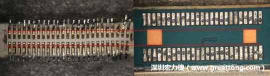 把板對(duì)板連接器與其電路板的佈線(xiàn)焊墊作一個(gè)比較，端子的切斷面有毛邊的地方剛好對(duì)到了裸銅區(qū)。