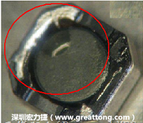 使用錫(Sn)鍍層的電源電感器(Power Inductors)，經(jīng)過(guò)推力測(cè)試后，其焊點(diǎn)還保留在零件的端點(diǎn)上，所以推力比較高。