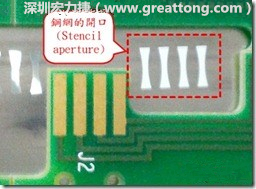 這個(gè)HotBar(熱壓熔錫焊接)吃錫的設(shè)計(jì)已經(jīng)對(duì)了一半，在印刷錫膏的時(shí)候在焊墊的中間位置減少錫膏，如果治具的設(shè)定正確的話，熱壓頭(thermode)要壓在焊墊中間的位置，焊錫的印出來(lái)結(jié)果如下面右圖所示。