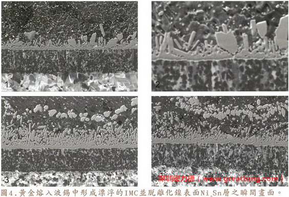 下面四張圖片為放大4500倍的SEM圖像，說明在回流焊爐熱量不足的情況下，黃金成份正要從鎳層分離融入焊錫之中的瞬間，當(dāng)零件遭受外力沖擊的時候就極有可能從這一整排AuSn、、AuSn2或AuSn4的IMC處裂開。