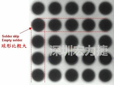 現(xiàn)在我畫幾條直線你再看看是否有發(fā)現(xiàn)那一顆BGA的錫球比較大，有空焊的可能？