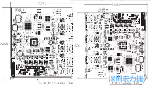 如圖7所示是使用不同數(shù)量邊條的拼板，拼板1僅使用了一個(gè)邊條，直接利用PCB另一邊作為SMT工藝傳送邊，并且PCB圖形中有合適的安裝孔；而拼板2則是按常規(guī)設(shè)計(jì)了兩個(gè)邊條。拼板方式為連接筋。圖中“Breakaway Tab”指邊條-深圳宏力捷