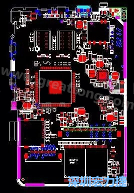 上圖是一個開發(fā)板的PCB，從布局中可以看出各個接口電路分離很明確，SDRAM和DDR以及SD卡接口電路等走線不會造成相互的干擾。-深圳宏力捷