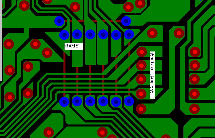 PCB設(shè)計焊點過密，易造成波峰連焊，焊點間漏電