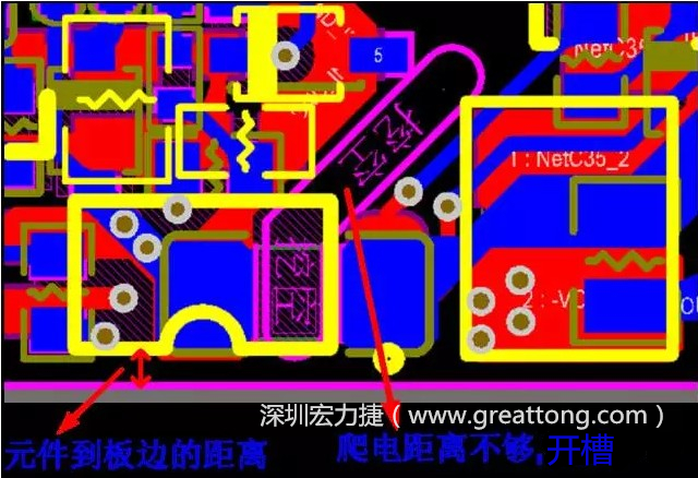 如果碰到模塊PCB空間有限，爬電距離不夠，可以采用開槽的方式