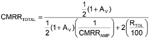 方程式1是從理想運算放大器的CMRR等式中匯出，其中CMRRAMP被假定為非常大(無窮大)。