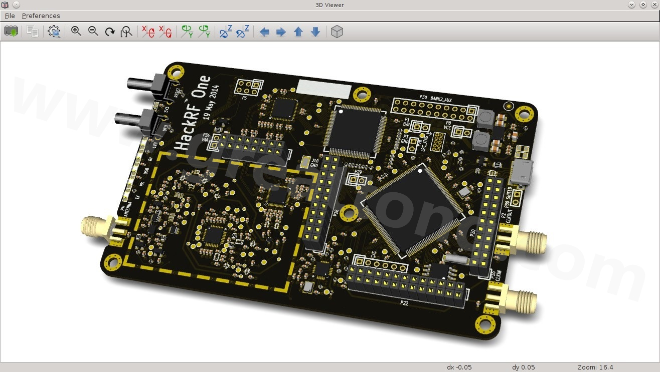 經(jīng)KiCad軟體3D功能渲染過的HackRF One電路板。