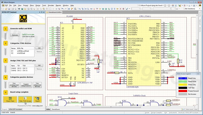 XJTAG DFT Assistant的Access Viewer模式可以清楚地顯示可用的測試存取層級，讓電路板設(shè)計人員在展開PCB布局以前的原理圖擷取階段盡可能地提高測試存取能力