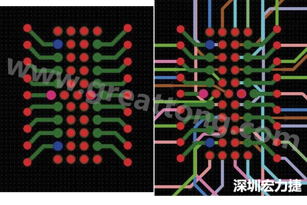 圖7：焊盤內(nèi)過孔用于內(nèi)部，而外部接腳在0.5mm閘格上扇出。圖7a顯示的是頂層(左)；圖7b顯示頂層和內(nèi)部布線層(右)。