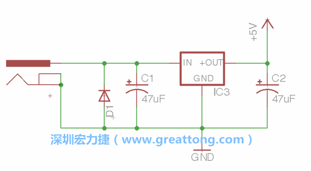 新增RBBB→Power_Jack，將它放在電壓調(diào)整器的輸入端旁邊。