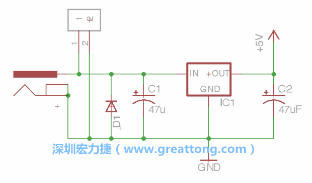 2.5.    新增一個(gè)二極體，它會以水平的狀態(tài)出現(xiàn)在屏幕上，請使用「旋轉(zhuǎn)（Rotate）」工具把它負(fù)極那一面朝上，并且用「網(wǎng)絡(luò)連接」工具將它連接在電壓調(diào)整器的輸入端和接地端之間。