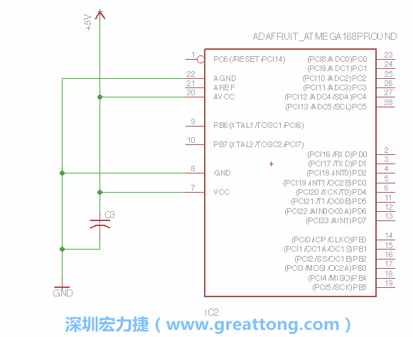 3.1.    新增微控制器晶片（RBBB → ATmega），把它放在電路原理圖的中央附近，把它的兩個(gè)接地接頭連接到接地訊號(hào)端。