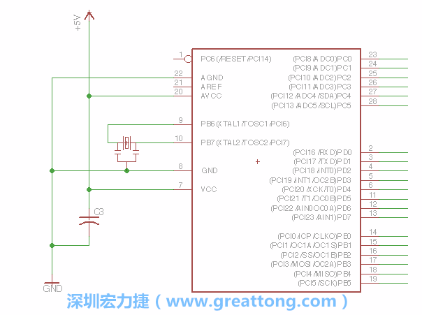 3.2.    在靠近ATmega的電源供應(yīng)針腳7的位置放置一個(gè)0.1μF的電容，將它分別連接電源、接地端和針腳7。