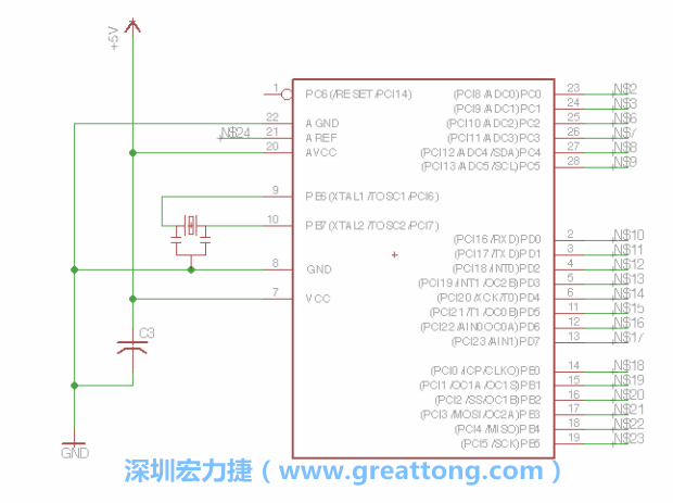 3.3.    將共鳴器（resonator）放置在針腳9和針腳10附近，將它的三個(gè)針腳連接如圖所示，并確認(rèn)最中間的針腳有連到接地端。