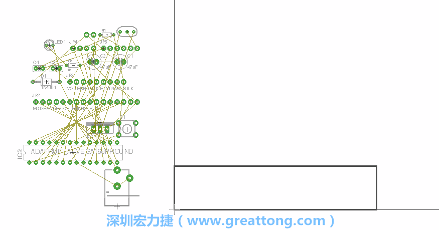 第一次執(zhí)行布線編輯器時，你會發(fā)現(xiàn)有兩個區(qū)塊，左邊的區(qū)塊非?；靵y，而右邊的區(qū)塊則是一個長方形的工作區(qū)域，EAGLE免費版會限制你的工作區(qū)域在4” x 3.2”的范圍內(nèi)，如果你試圖將元件擺放在工作區(qū)外的話，就會跳出警示訊息。