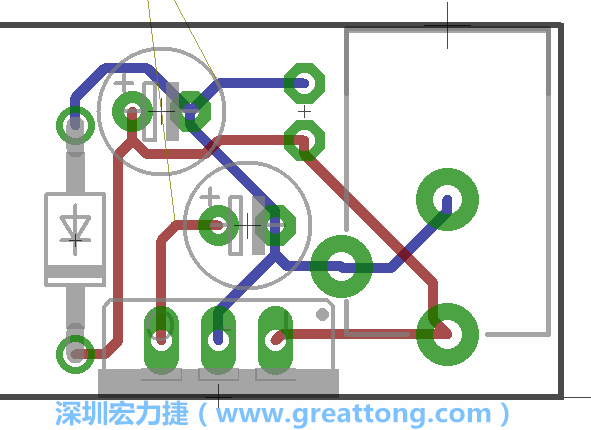 接地連結點的布線情形如下圖所示，利用這個練習來避免電路連線銳角化的產(chǎn)生是一個不錯的選擇，你可以在工具列中的彎曲線路（Wire Bend）選項里改變各種布線的變化。