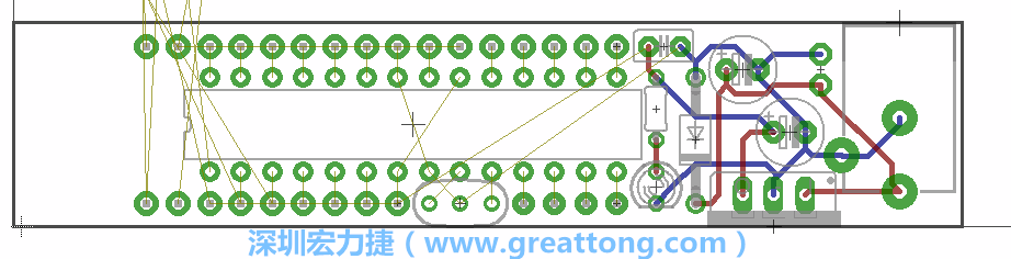 將ATmega微控制器、三個GPIO排針（JP2, JP3, JP4）和諧振器（resonator）排置如上圖所示。