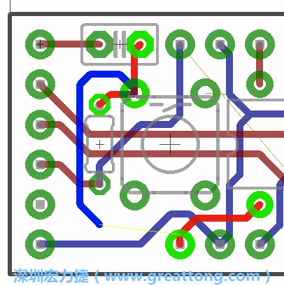 要在電路板正面進行+5V信號線連結和其他連結點的布線工作是非常容易的，而重置信號線（信號線用來連結電路板正面左邊的重置開關）需要經(jīng)過一個可以通過電路板正反兩面的電路通道，這個通道是一個可以讓電路板正反兩面線路連接的一個小孔。