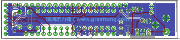 第二篇文章則帶領(lǐng)你進(jìn)行電路板上的布線、連結(jié)點(diǎn)的配置，并利用「設(shè)計(jì)規(guī)則檢查（Design Rule Check）」測試你的設(shè)計(jì)，第二篇文章的電路板設(shè)計(jì)圖將如下所示：