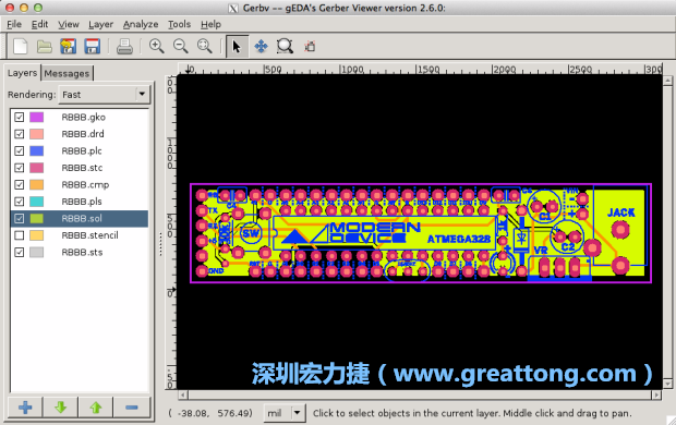 將圖層匯入你的Gerber預(yù)覽工具內(nèi)（下圖為Gerbv），我通常會從上到下重新排列它們的順序，好讓我比較好校對：