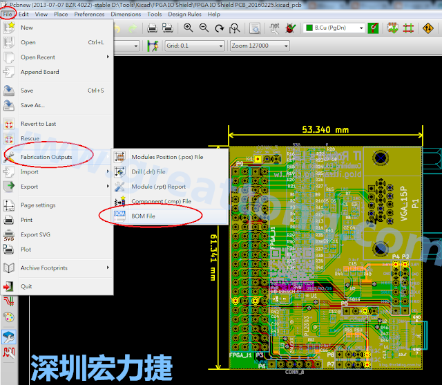 在Kicad的PCB Editor, 點(diǎn)選 File->Fabrication Outputs->BOM File, 即可產(chǎn)生一個(gè) .csv 的Excel 檔案。