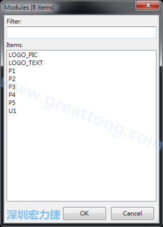 從目前正在編輯的PCB載入Module， 會顯示有那些項目可載入。點選一個， OK后即完成載入