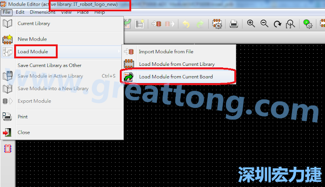 進入Module Editor去載入其他Footprint(Module)進來， 從目前的Active library (不過要先選取一個Current library ) 載入Module 或從目前正在編輯的PCB載入Module。