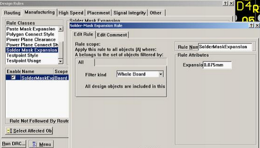 5. 而對(duì)于阻焊的調(diào)整則可以通過按D、R調(diào)出[Manufacturing]制作設(shè)計(jì)規(guī)則的[Solder-Mask Expansion Rule]設(shè)置項(xiàng)直接設(shè)定單邊放大值