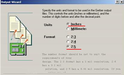 在上圖中選擇“Inches 2：5”，以確保資料精度，反之線寬、線距或孔有偏移現(xiàn)象