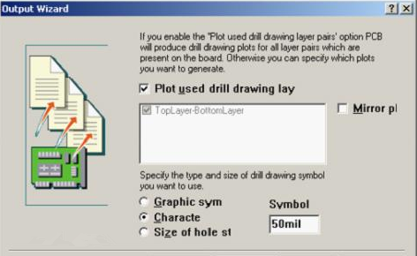 選中“Plot used drill drawing layer”，并將孔圖改為“Cheracte”標(biāo)示